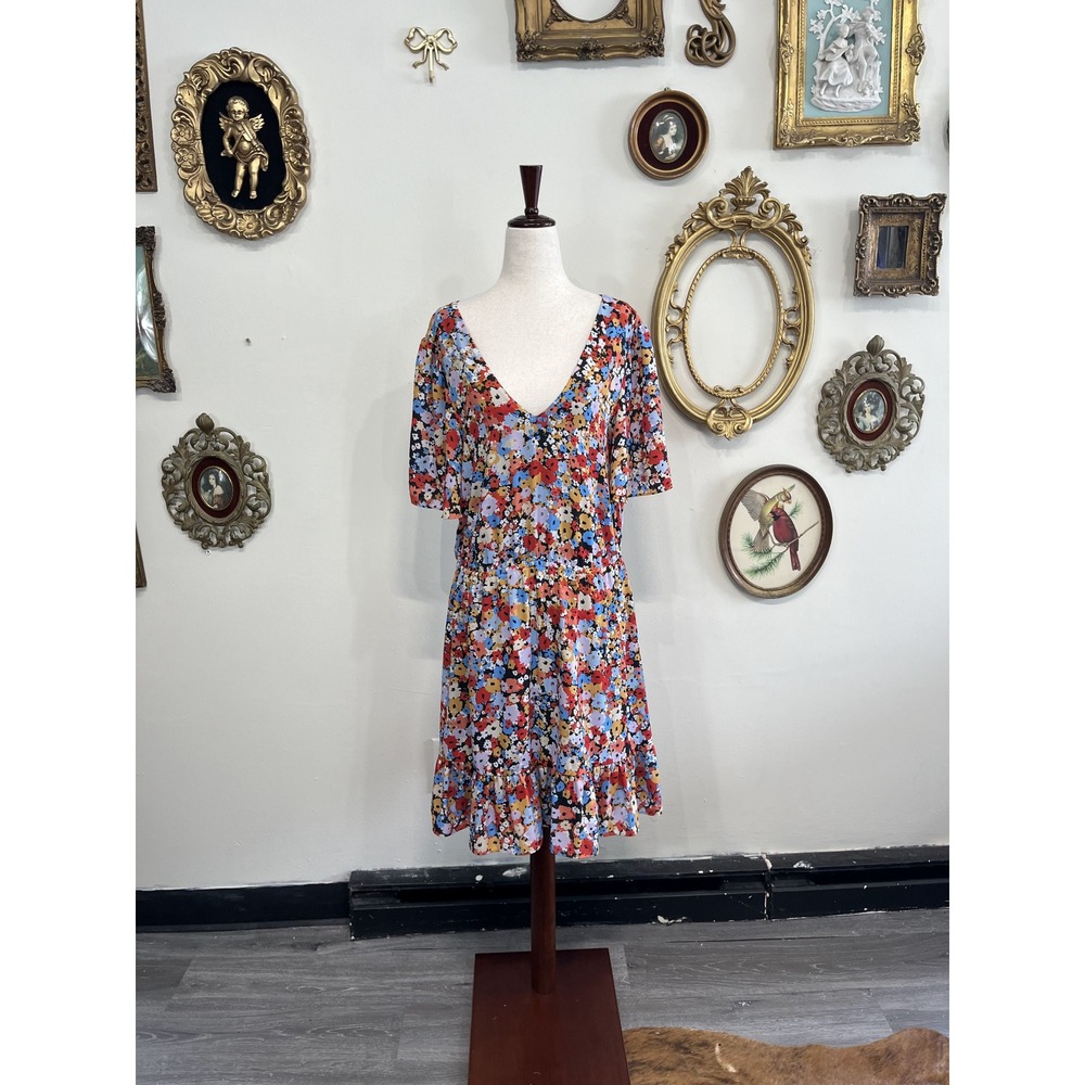 Rebecca Minkoff Floral V-Neck Ruffle Hem Dress Short Sleeve Multicolor Size M